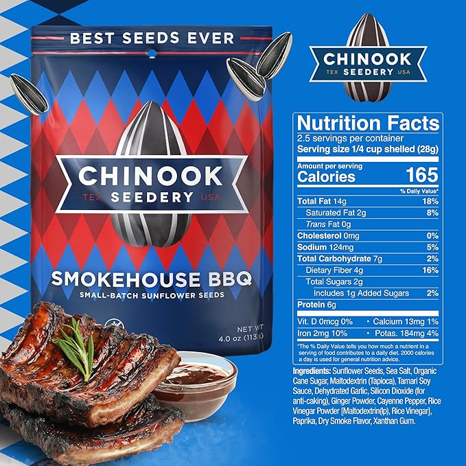 Chinook Seedery Roasted Jumbo Sunflower Seeds - Keto Snacks, Gluten-Free, Non-GMO, Smokehouse BBQ 4 oz (12-Pack)