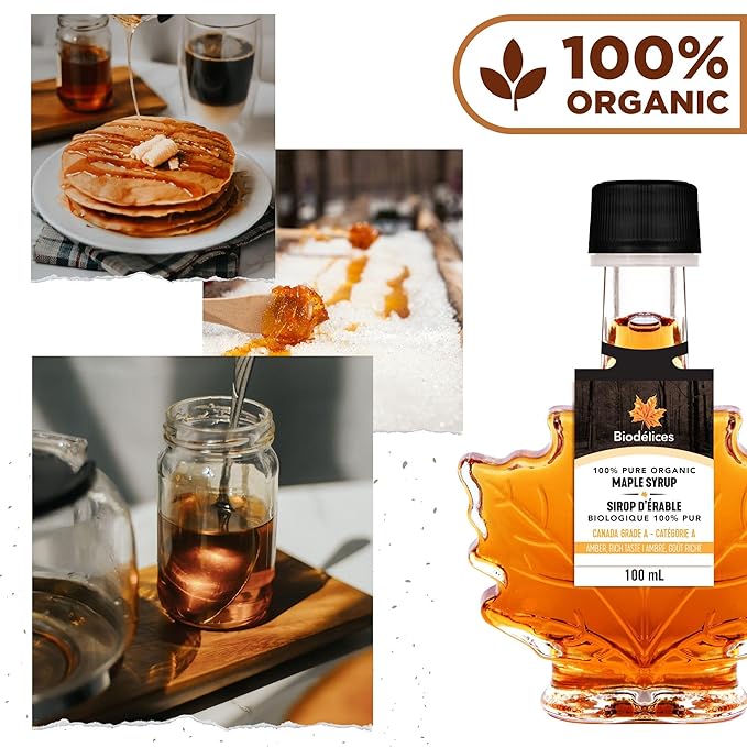 100% Pure Organic Maple Syrup, 100 ml (3.38 Fl Oz) - Premium Grade A - Quebec's Finest in Elegant Maple Leaf Bottle from Biodélices