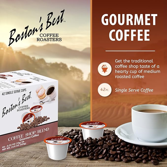 Bostonโs Best - Coffee Shop Blend, Hearty Medium Roast, Delicious Gourmet Coffee Compatible with Keurig CoffeeMaker, 1 Count (42 Single Serve Medium Roast Cups)