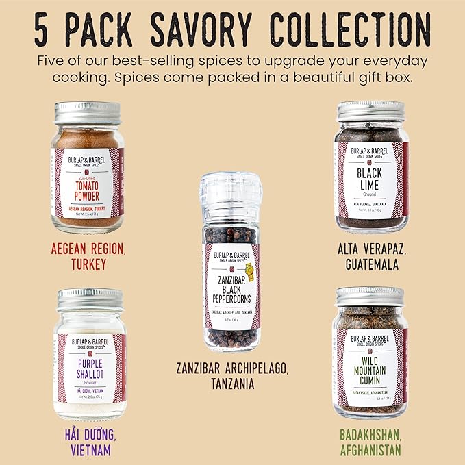 Burlap & Barrel BBQ Rub & Seasoning Gift Set ??5 Jars of Single-Origin Spices Including Zanzibar Black Peppercorns ??Meat & Grill Seasoning - As seen on Shark Tank