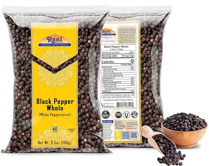 Rani Black Pepper Whole (Peppercorns), Premium MG-1 Grade 3.5oz (100g) ~ All Natural | Gluten Friendly | Non-GMO | Kosher | Product of Vietnam | Perfect size for Grinders!
