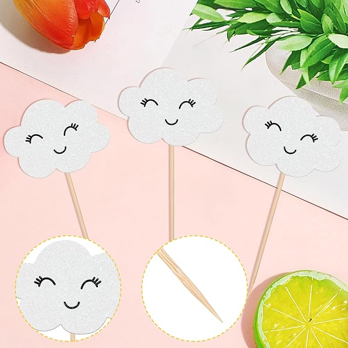 24 PCS White Cloud Cupcake Toppers Glitter Smile Clouds Cupcake Picks Cloud Cake Decorations for Clouds Theme Baby Shower Birthday Party Cake Decorations Supplies