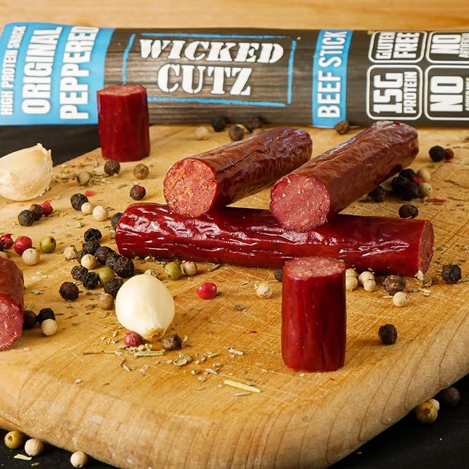 Wicked Cutz Original Peppered Beef Sticks, 15g Protein Per Beef Stick, Tender & Juicy Extra Large Meat Stick, USA Made High Protein Meat Sticks, Carnivore Snacks (12 Pack)