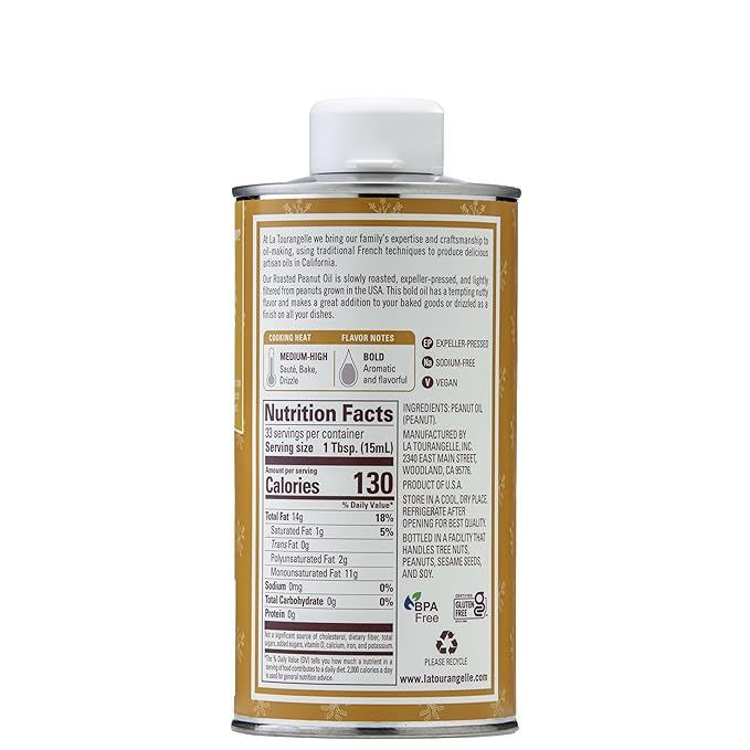 La Tourangelle, Roasted Peanut Oil, Slow Roasted Expeller-Pressed for Rich Flavor, Perfect for Cooking & Baking, Med-High Heat, Unrefined, Small Batch Production in USA, 16.9 Fl Oz