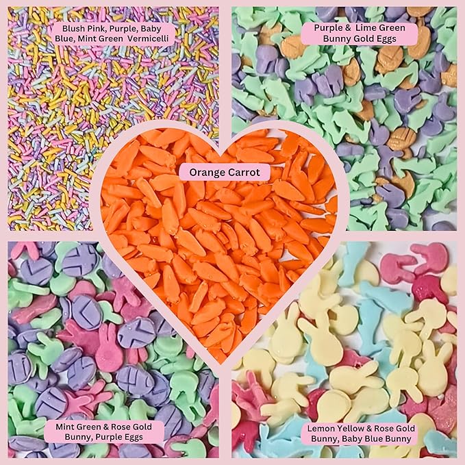 Confect Easter Sprinkles Edible | Assorted pack of 5 Pink, Yellow, Red, Silver and Green Vermicelli and Easter Bunny I Cookies, Desserts & cupcake Decorating | Edible Sprinkles Mix for Baking & Cake