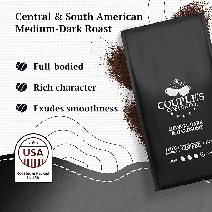 Couple?™s Coffee Ground Coffee | Gives Back to Military Families | Medium Dark and Handsome | A Smooth Medium Roast Blend | Made with 100% Arabica Beans | 12oz bag brews about 34 cups
