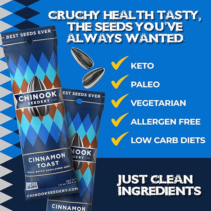 Chinook Seedery Roasted Sunflower Seeds to Eat - 1.5 oz (Pack of 36) Cinnamon Toast - Jumbo Low Sodium Sunflower Seeds Keto Snacks - Adventure, Baseball, School Snacks - Gluten Free, Non GMO Snacks
