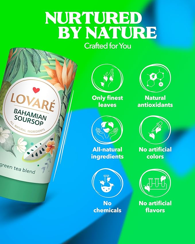 LOVARE Bahamian Soursop Loose Leaf Tea 80 g - Made in Ukraine ??Green tea, Soursop, and Orange Blossom - Gift Box with 15 Paper Filters ??Easy to Brew tea Blend