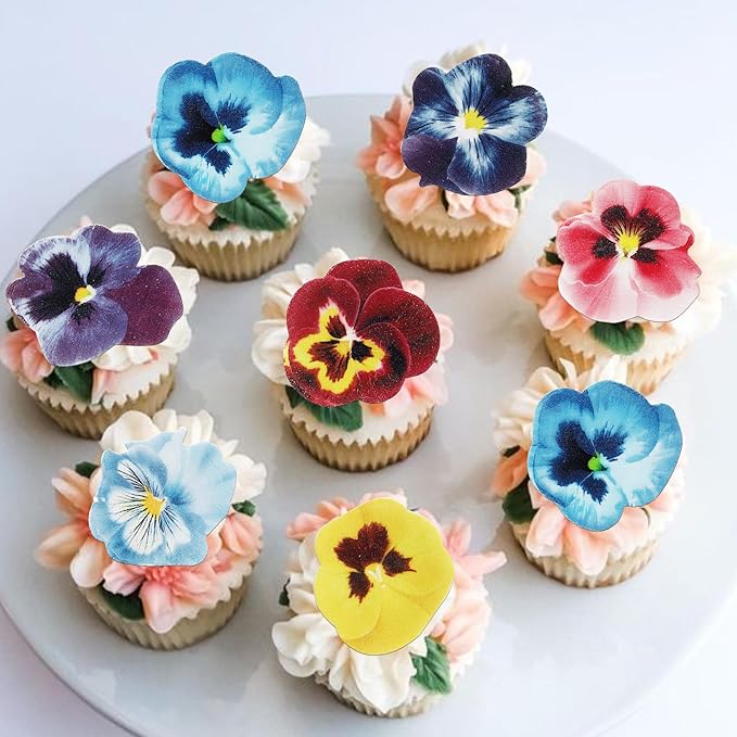 60 PCS Edible Flowers Cupcake Toppers Edible Spring Bridal Engagement Pansies Cake Decorations Wafer Paper Flowers Cupcake Picks for Baby Shower Kids Birthday Party Cake Food Decorations Supplies