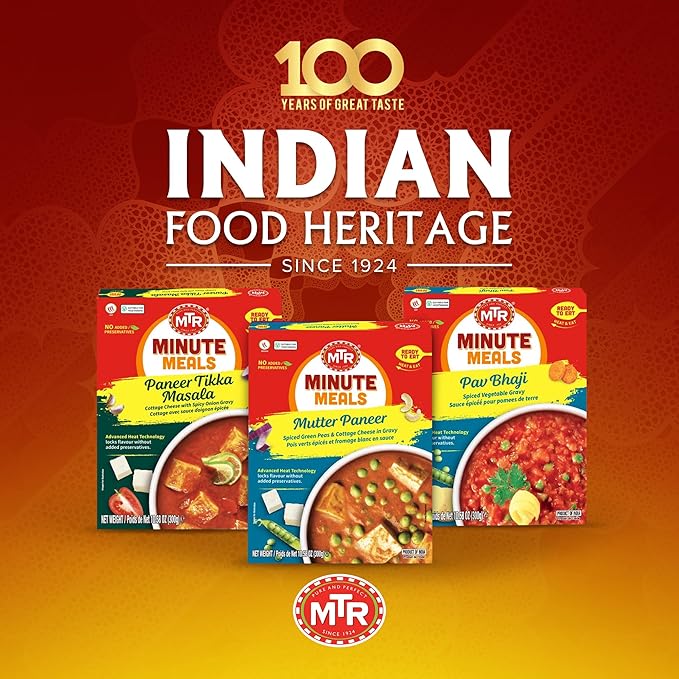 MTR - Minute Meals: Mutter Paneer - Spiced Green Peas & Cottage Cheese in Gravy - Tasty Indian Meal with No Added Preservatives - A Quick Meal Suitable for Vegetarians, Ready in Minutes! (Pack of 6)