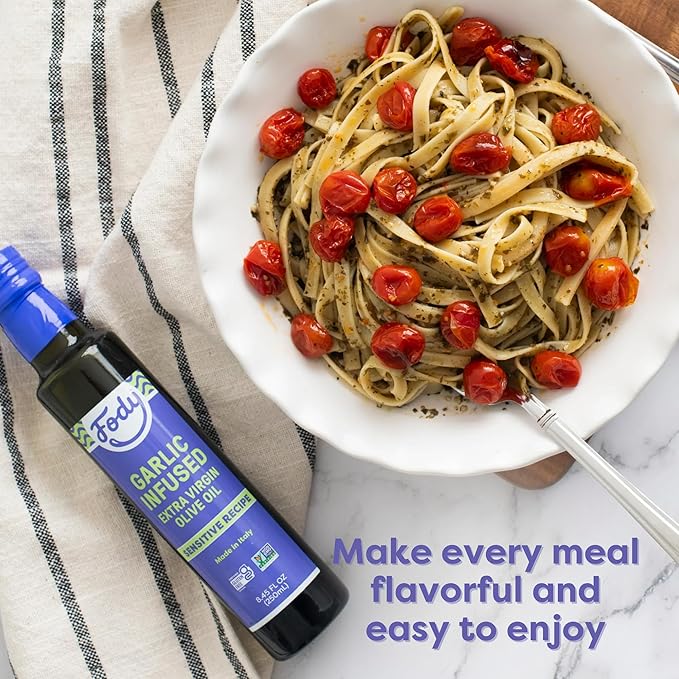 Fody Foods Garlic Infused Extra Virgin Olive Oil, 8.45 Oz, Low FODMAP Certified, Gut & IBS Friendly, Cold-Pressed, Vegan, Non-GMO, Gluten Free, Made in Italy