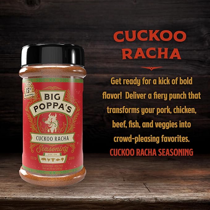Big Poppa’s Cuckoo Racha Spicy & Sweet BBQ Rub – Bold Honey & Sriracha Spice Blend for Pork, Chicken, Wings & Shrimp – Flavor-Packed Seasoning for Grilling, Smoking & Backyard BBQ Pros (10 Oz)