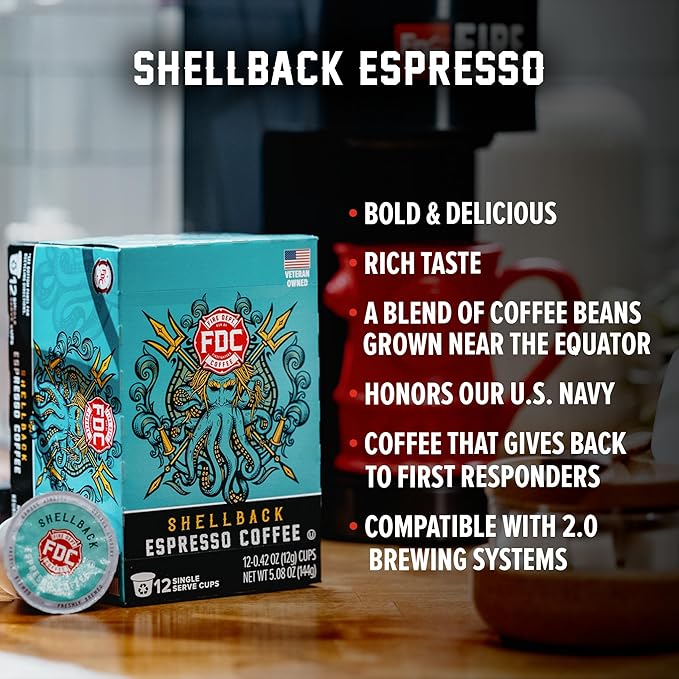 Fire Department Coffee - Gives Back to Firefighters - Bold & Smooth Shellback Espresso Coffee Pods - Roasted in the USA - Premium Espresso K Cups - Veteran Owned - 12 Single Pods