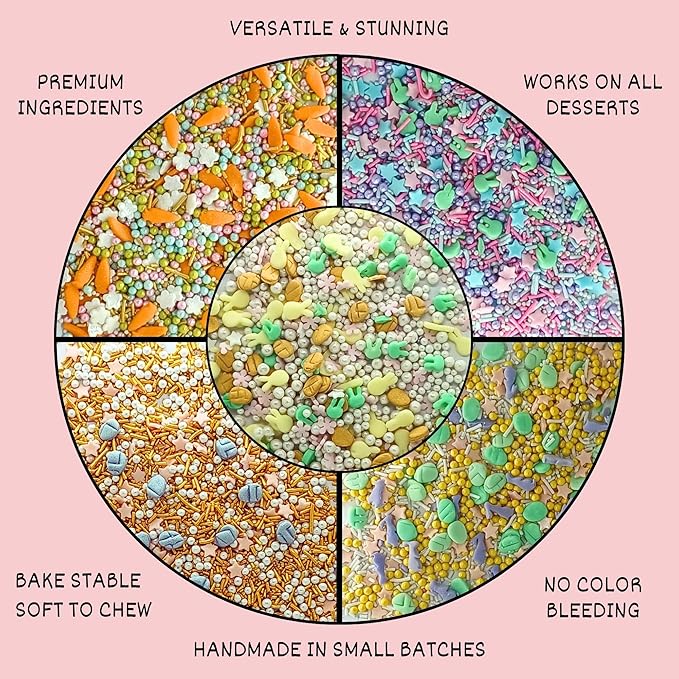 Confect Easter Sprinkles Edible | Assorted pack of 5 White, Pink and Gold Pearls, vermicelli , Easter Bunny & Stars I Cookies, Desserts & cupcake Decorating | Edible Sprinkles Mix for Baking & Cake