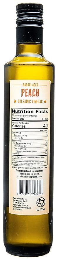 Peach Balsamic Vinegar - Gourmet Barrel Aged Infused Balsamic Vinegar - Great for Dressing Dipping Glazing - No Artificial Flavors or Added Sugar - Made in Texas (16.9 oz)