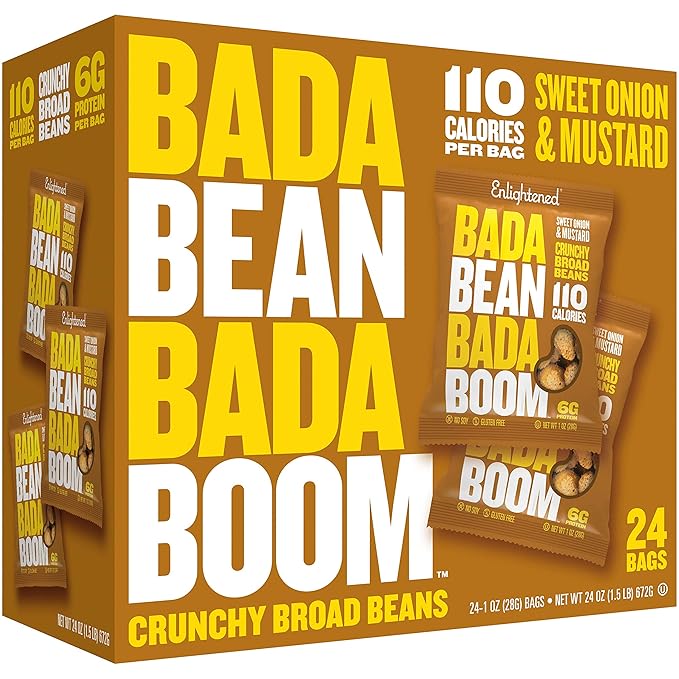 Enlightened Bada Bean Bada Boom - Plant-Based Protein, Gluten Free, Vegan, Crunchy Roasted Broad (Fava) Bean Snacks, 110 Calories per Serving, Onion & Mustard,1 Ounce (Pack of 24)