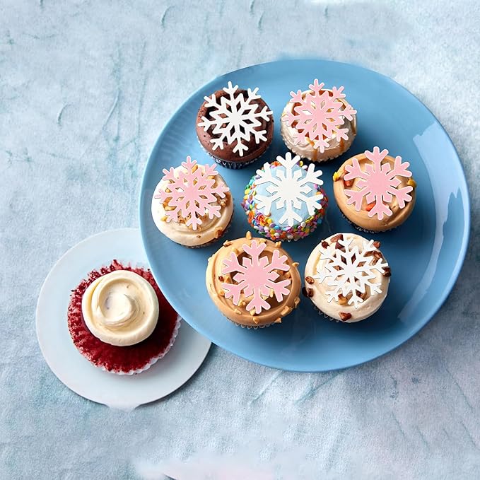 60 PCS Edible Snowflake Cupcake Toppers Snowflake Frozen Party Cake Decorations Edible Snowflake Cupcake Picks for Christmas Winter Frozen Theme Baby Shower Birthday Party Supplies White Pink