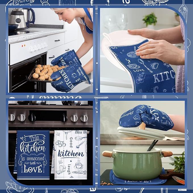 Bencailor 12 Pcs Farmhouse Kitchen Decor Sets, 8 Blue Kitchen Dish Towels 2 Pot Holders 2 Oven Mitts Glove, Rustic Hand Towels and Dishcloths Sets for Home Decorations Accessories Christmas Mom Gifts