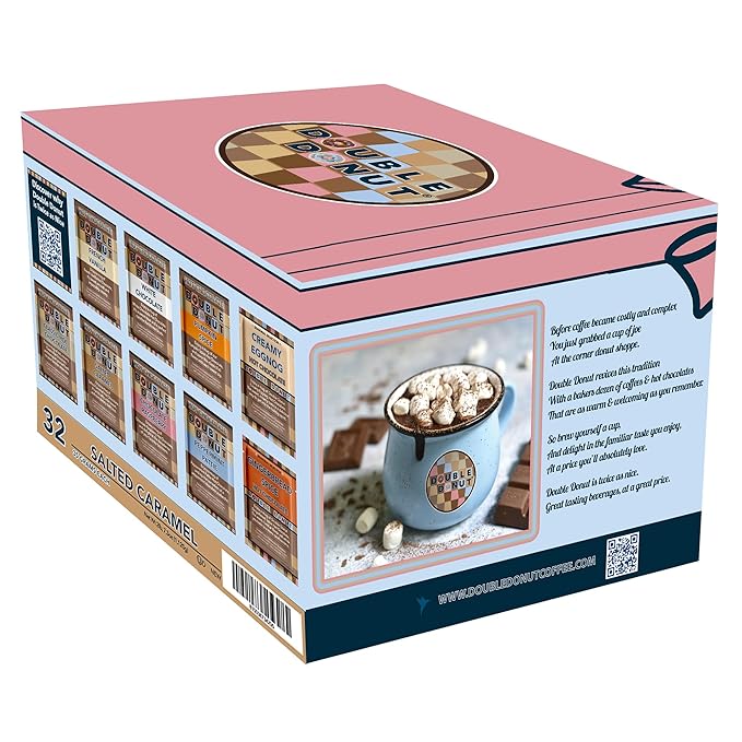 Double Donut Flavored Hot Chocolate Packets, Salted Caramel, Salted Caramel Hot Chocolate, Hot Cocoa Mix, 32 Count (Pack of 1)