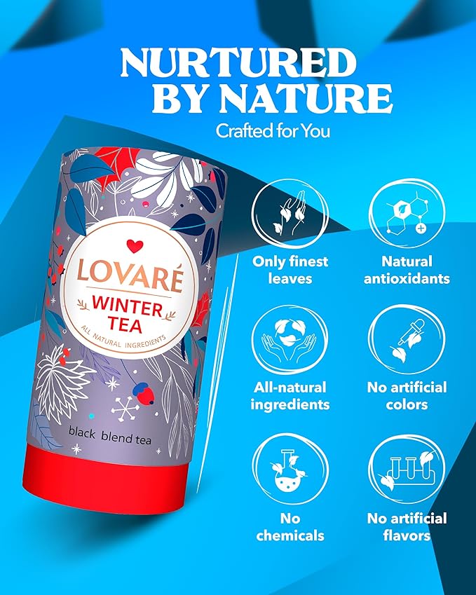 LOVARE Winter Loose Leaf Tea 80 g - Made in Ukraine ??Black Tea, Papaya & Mango Pieces, Safflower Petals, Persimmon, Saffron & Melon Flavors - Tea Lovers Gift Box with 15 Paper Filters