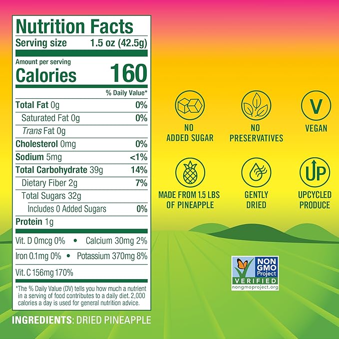 BranchOut Pineapple Chips, No Sugar Added, Real Dried Pineapple Chunks, GentleDry, Better than Freeze Dried Pineapple, Healthy Vegan Fruit Snacks for Kids & Adults, 1.5 oz (Pack of 8)