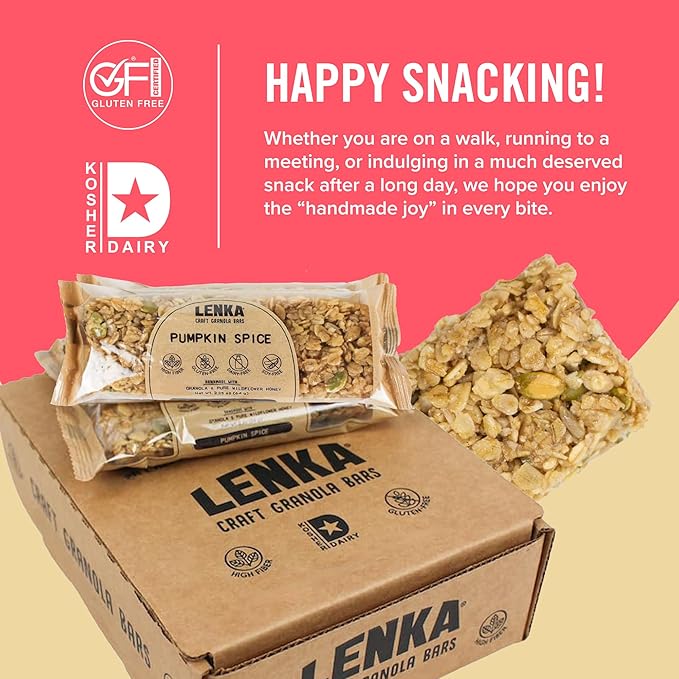 Lenka Bars - Pumpkin Spice Snack Bars, Gluten Free, High Fiber, Kosher, Wholesome, No Artificial Flavors, Individually Wrapped - 12 Pack