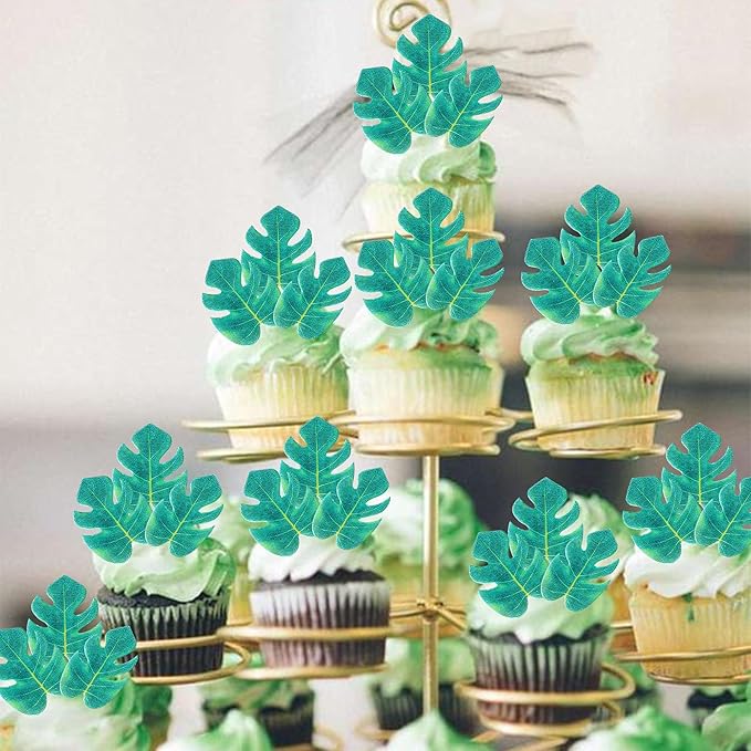Rsstarxi 48 Pack Edible Tropical Turtle Leaves Cupcake Toppers Palm Leaf Cupcake Picks Edible Wafer Paper Leaf Cake Decorations for Jungle Summer Theme Baby Shower Wedding Birthday Party Supplies