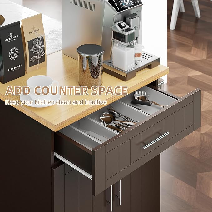 Shintenchi Kitchen Island Cart with Storage,Rolling Kitchen Island Side Table on Wheels with Large Worktop,Storage Cabinet,Towel Rack and Drawers for Kitchen,Dinning Room, Brown