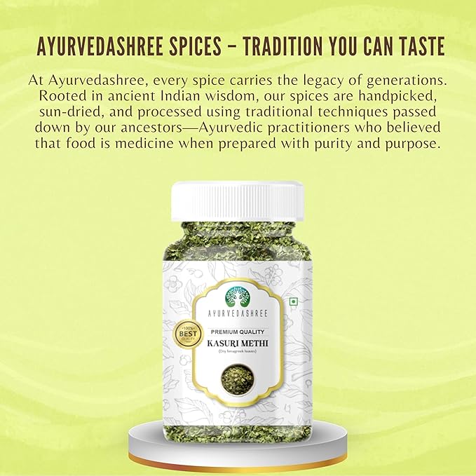 AYURVEDASHREE Fenugreek Leaves Dried (Kasoori Methi) 25gm PET Jar ~ All Natural | Vegan | NON-GMO | Indian Origin | Dried Herb For Cooking | Kasuri Methi.