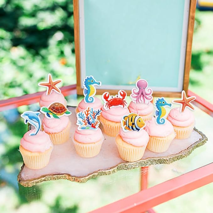 40 Pcs Edible Ocean Cupcake Toppers Ocean Theme Party Decorations Sea Animals Weaweed Party Cake Picks for Kids Under the Sea Baby Shower Birthday Party Supplies