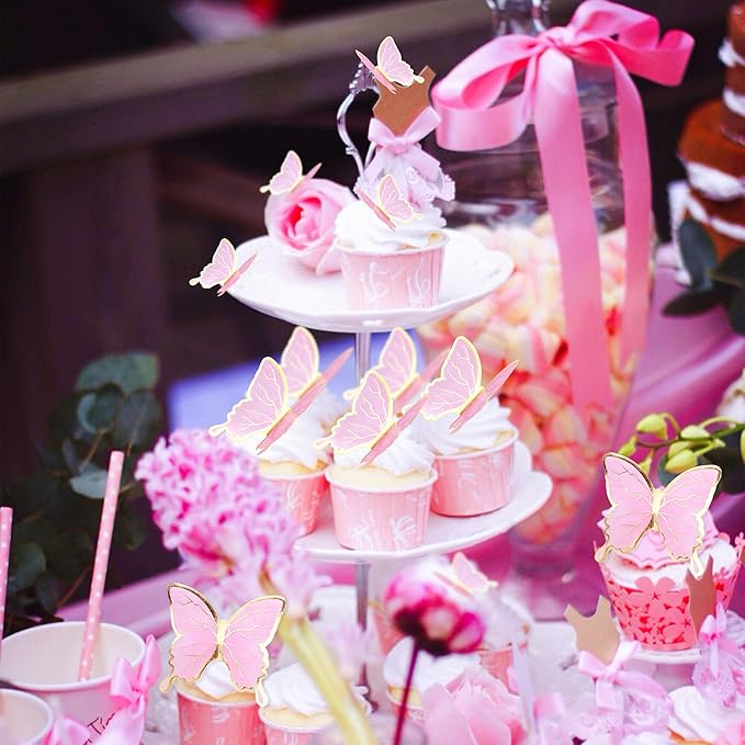 30pcs Pink Gold Edge Mixed Size Lively 3D Waterproof Swllowtail Butterfly Cupcake Topper for Girls Women's Happy Birthday Wedding Party Cake Wall Party Food Decorations