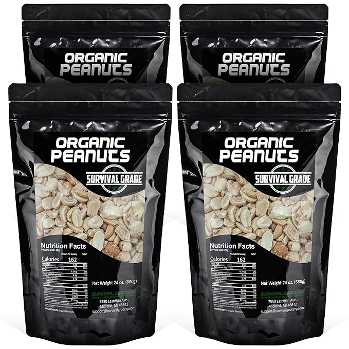 Survival Grocery짰 Organic Dry Roasted Peanuts - Protein Rich, Non-GMO, Gluten-free, Vegan-friendly, Low Carb Snack, Packed With Essential Vitamins & Minerals, Heart Healthy, Fiber-filled (96 oz./4 Bags)