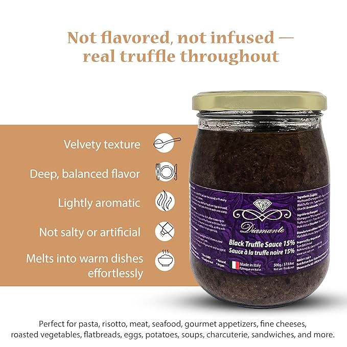 Diamante Italy Black Truffle Sauce with High 15% Black Truffle Content - Authentic Italian Gourmet Black Truffle & Mushroom Sauce - Non GMO, Vegan & Made in Italy - 500g