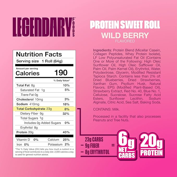 Legendary Foods 20g Protein Wild Berry Sweet Roll - Premium High Protien Bars, Low Carb Meal Replacement Snack, Low Glycemic Index, Gluten Free Snacks - Zero Sugar, Keto and Diabetic Friendly 10-Pack