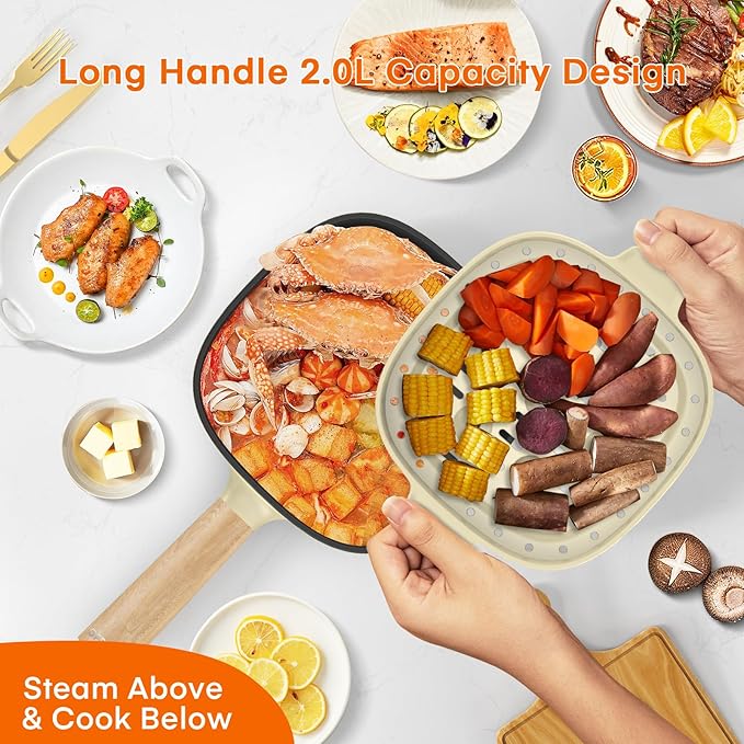 Audecook Hot Pot Electric 2L, Cermic Glaze Non-Stick Frying Pan 8 Inch, Portable Travel Cooker for Ramen/Steak/Fried Rice/Oatmeal/Soup, with Dual Power Control (Silicone Spatula Included)