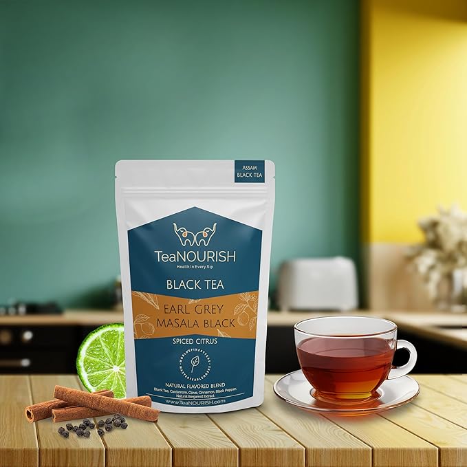 TeaNOURISH Earl Grey Masala Black Tea | Spiced Citrus | Assam Loose Leaves | Blended with Indian Aromatic Spices & Natural Bergamot Extract | 100% NATURAL - 3.53oz/100g