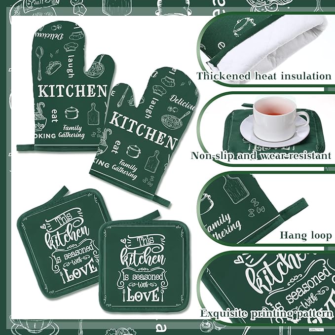 Bencailor 12 Pcs Farmhouse Kitchen Decor Sets, 8 Green Kitchen Dish Towels 2 Pot Holders 2 Oven Mitts Glove, Rustic Hand Towels and Dishcloths Sets for Home Decorations Accessories Christmas Mom Gifts