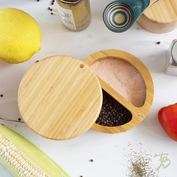 Totally Bamboo Salt Keeper Duet Salt and Pepper Bowl, Cellar and Storage Box with Two Compartments, Magnetic Swivel Lid