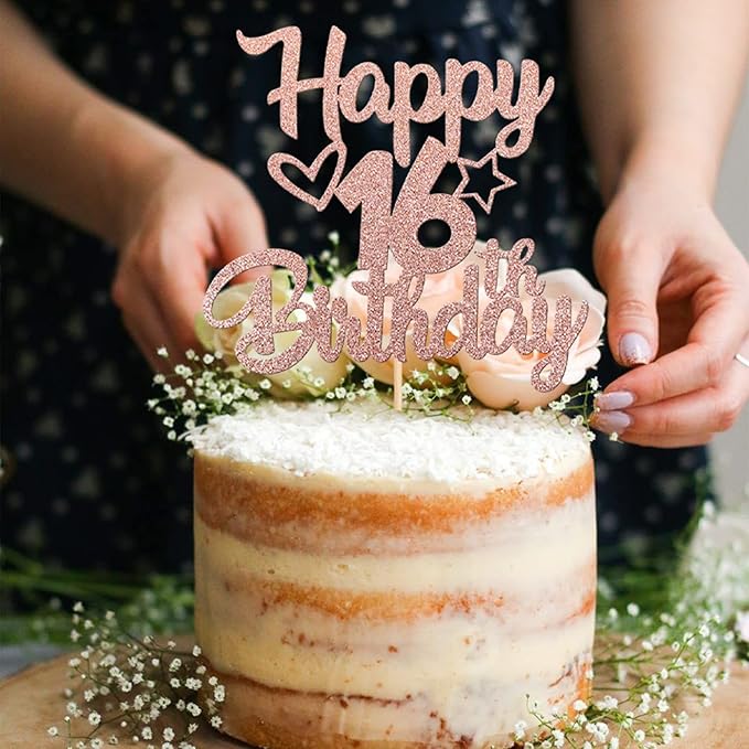 1 Pack Happy 16th Birthday Cake Topper Glitter Heart Star 16 Fabulous Cake Pick Birthday Sign Cake Decorations for Children 16th Birthday Theme Party Supplies Rose Gold