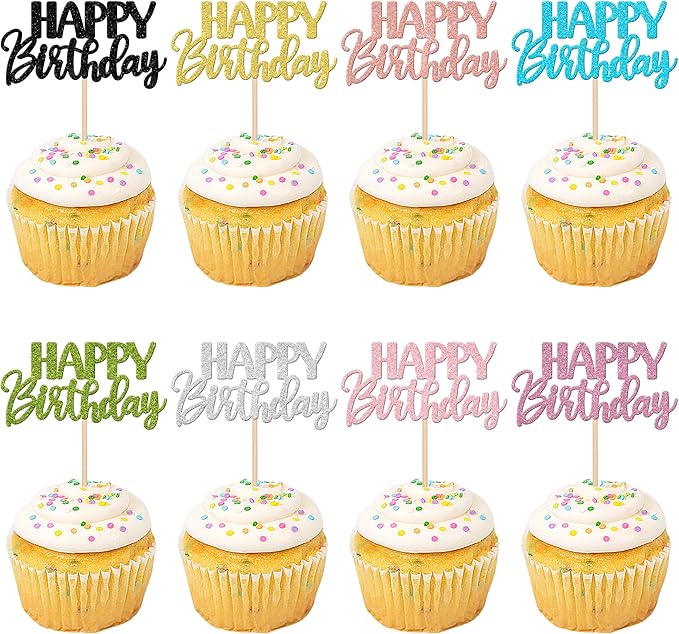 32 PCS Happy Birthday Cupcake Toppers Glitter Happy Birthday Cupcake Picks for Celebrating Birthday Anniversary Theme Party Cake Decorations Supplies Mixed 8 Colors