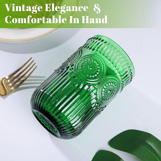 Joeyan Vintage Drinking Glasses Set of 4,14 oz Green Embossed Sunflower Beaded Highball Glass Water Tumbler Cups,Colored Romantic Glassware for Beverages Cocktail Juice Wine,Dishwasher Safe