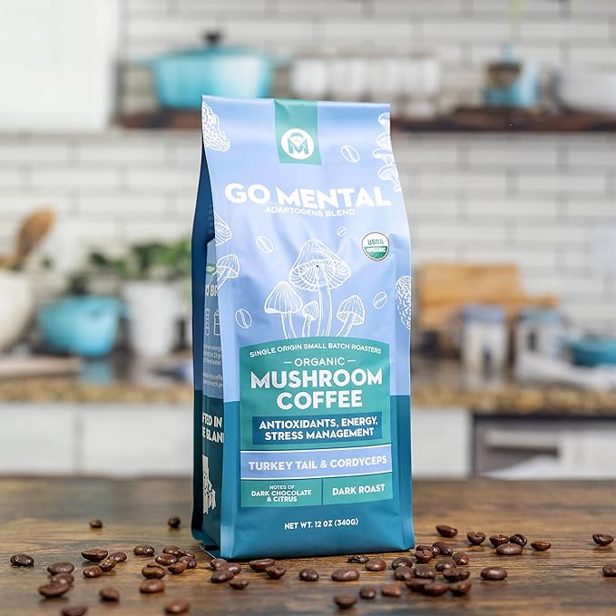 Organic Turkey Tail & Cordyceps Mushroom Coffee Dark Roast, Full Fruiting Body, Antioxidants, Immune System support, overall wellness | Grade 1 Single Origin Peruvian | 12oz - Ground
