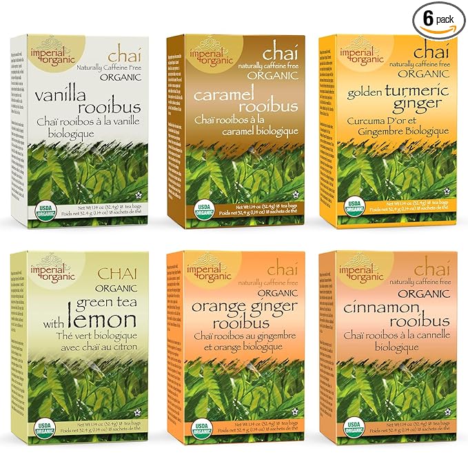 Uncle Lee’s Imperial Organic Chai Variety 6-Pack – Assortment of Chai Tea Bags, 5 Caffeine-Free Varieties + Caffeinated Green Tea with Lemon, 18 Count Ea (108 tea bags)