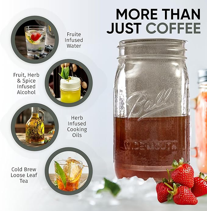 Altura The TUBE Cold Brew Coffee Maker and Tea Infuser for Wide Mouth Mason Jars - Stainless Steel Cold Brew Filter Strainer for Iced Coffee, Fruit Water & More - (32oz/1qt)