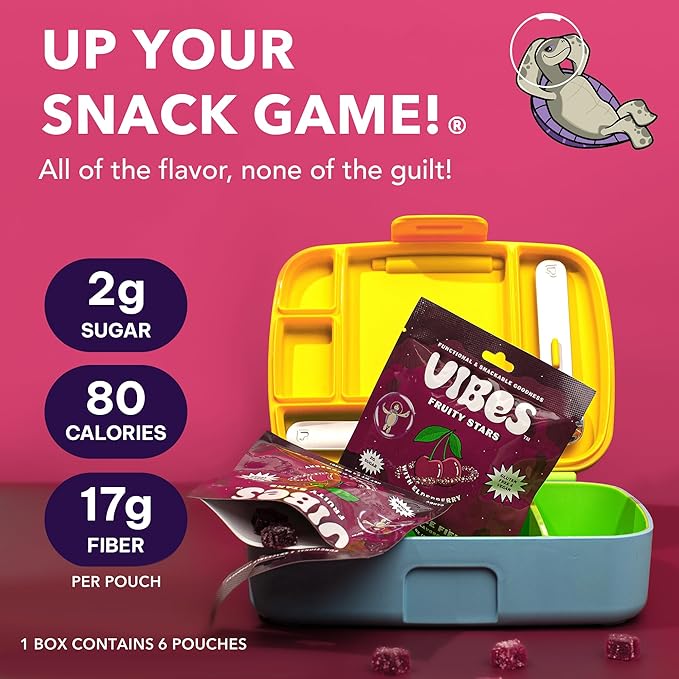 VIBES Cherry Force Field Fruity Stars - Delicious Low Calorie Gluten-Free Bulk Fruit Snacks - High Fiber Healthy Fruit Snacks for Kids, Teens, & Adults -2g Sugar - 6 Packs of 18 Fruit Gummies