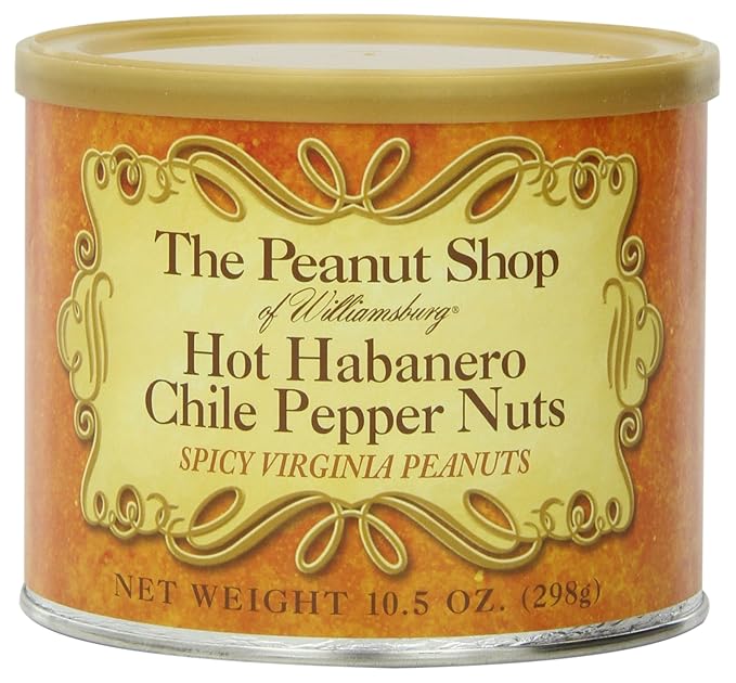 The Peanut Shop of Williamsburg Hot Habanero Chile Pepper Virginia Peanuts, Williamsburg Peanuts Store Gourmet Gift - 10.5 Oz Tin