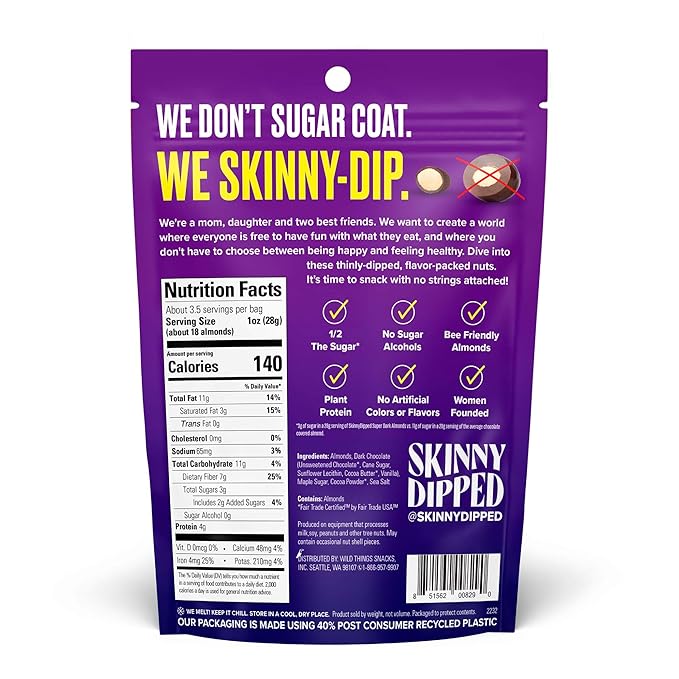SkinnyDipped Super Dark Chocolate + Sea Salt Almonds, Vegan, Healthy Snack, Plant Protein, Gluten Free, 3.5 oz Resealable Bags, Pack of 5