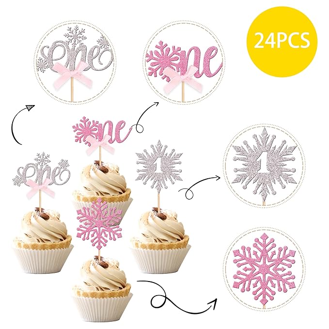 24 PCS Snowflake 1st Birthday Cupcake Toppers Glitter Bow First Birthday Snowflake One Cupcake Picks for Winter Onederland Theme Baby Shower 1st Birthday Party Cake Decorations Supplies Silver Pink
