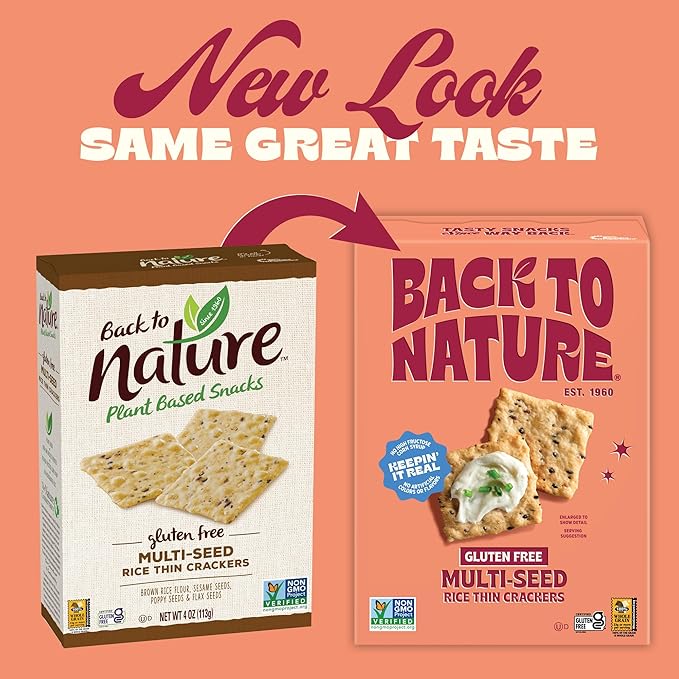 Back to Nature Gluten Free Crackers, Multi-Seed Rice Thins - Non-GMO, Made with Whole Grain Brown Rice Flour, seriously tasty snacks, 4 Ounce