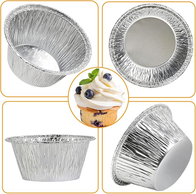 Aluminum Foil Baking Cups 150 Pcs, VIHOYOM 4 Oz Disposable Ramekin Aluminum Cupcake liners, Silver Foil Baking Cups Muffin Liners for Egg Tart, Baking, Cupcake, Pudding, Appetize